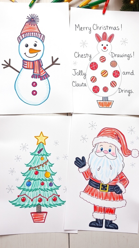 A variety of easy Christmas drawings including a snowman, Christmas tree, and Santa Claus in a festive setting.